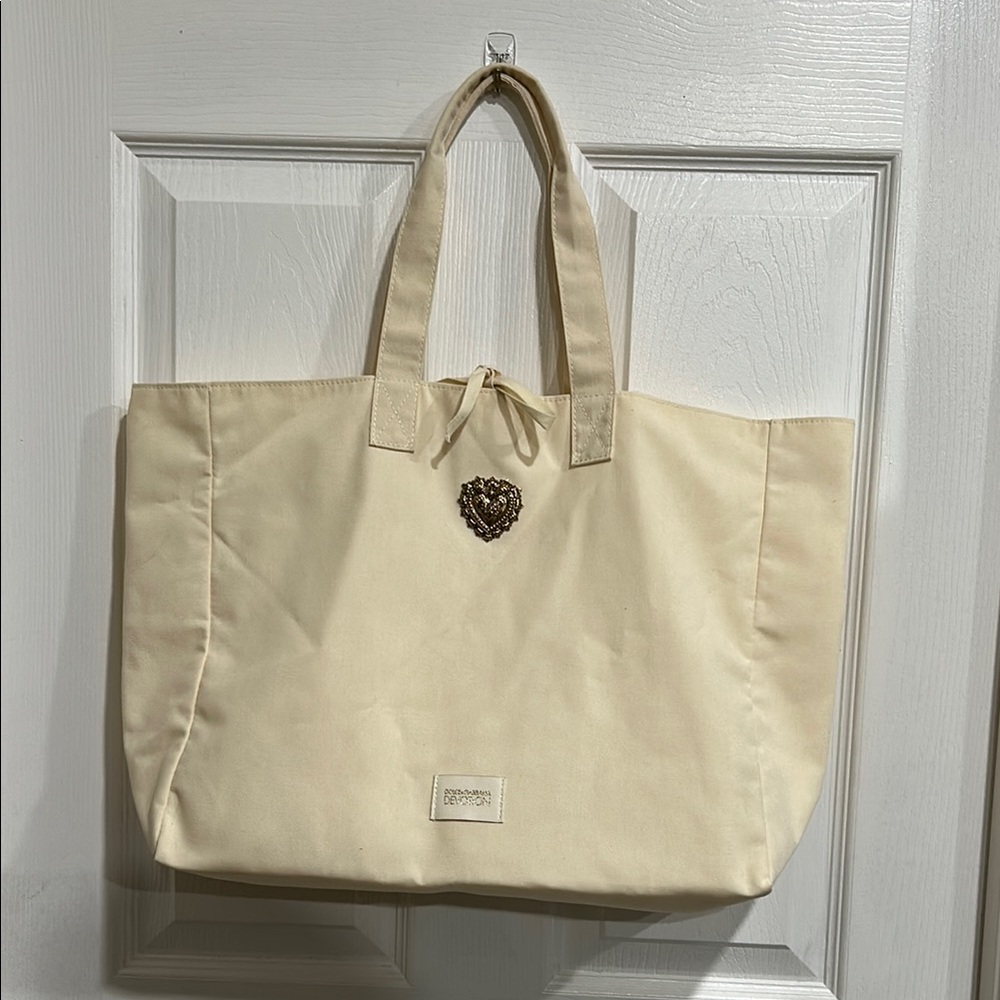 Dolce & Gabbana Beige Canvas Tote Bag with Heart Accent